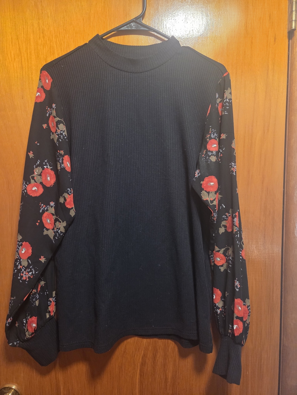 Black Ribbed Top with Red Floral Balloon Sleeves